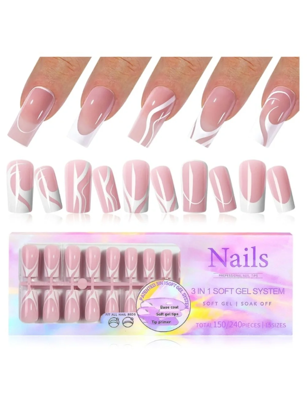 Pink & White Swirl Medium Square Press On Nails